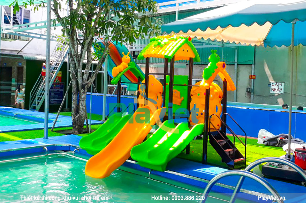 Mô hình khu vui chơi trẻ em cho hồ bơi cầu trượt ngoài trời 200m2 S19004