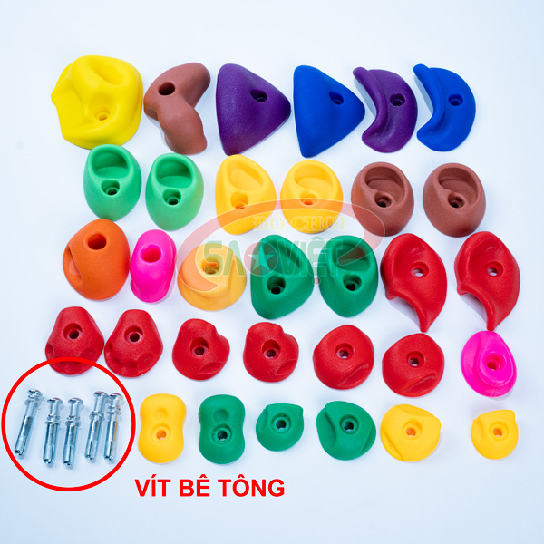 bộ 32 mấu núm leo núi nhân tạo gắn tường bằng nhựa vít bê tông NL0L2