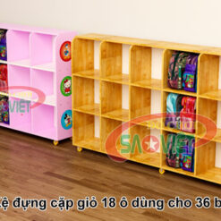 kệ đựng 36 giỏ cặp mầm non bằng gỗ S014TC01