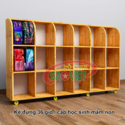 kệ đựng 36 giỏ cặp mầm non bằng gỗ cao su ghép S014TG01