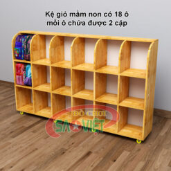 kệ đựng 36 giỏ cặp mầm non bằng gỗ cao su ghép S014TG01