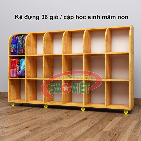 kệ đựng 36 giỏ cặp mầm non bằng gỗ cao su ghép S014TG01