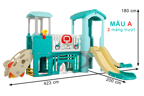 kích thước cầu trượt nhà chòi 2 khối có bóng rỗ S03NM020D Mẫu A