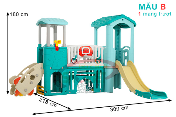 kích thước cầu trượt nhà chòi 2 khối có bóng rỗ S03NM020D Mẫu B