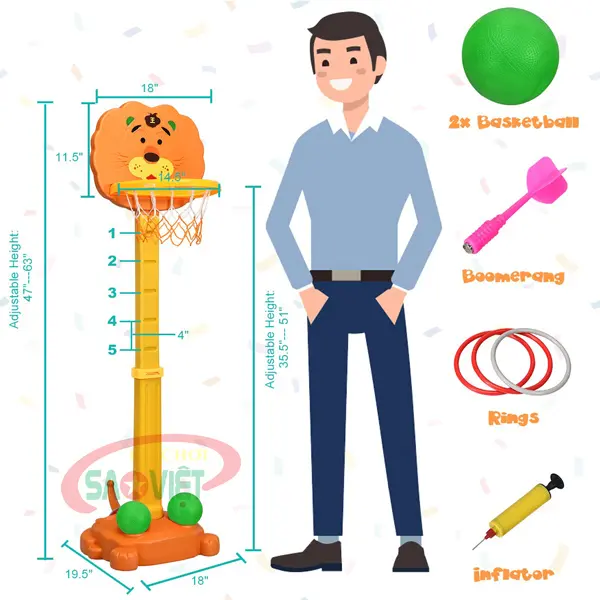 kích thước cột ném bóng rổ và ném vòng có tăng chỉnh chiều cao cho bé S07NC11