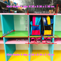 kích thước và quy cách ô đựng cặp giỏ dép của bé mầm non bằng gỗ S014TCD03