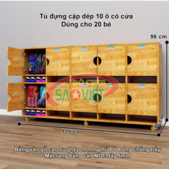 kích thước tủ cặp giỏ dép mầm non 10 ô bằng gỗ cao su S014TCD02