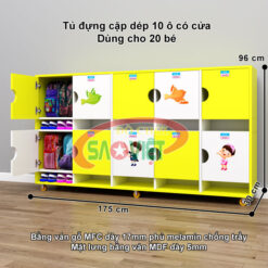 kích thước tủ cặp giỏ dép mầm non 10 ô bằng ván MFC S014TCD02