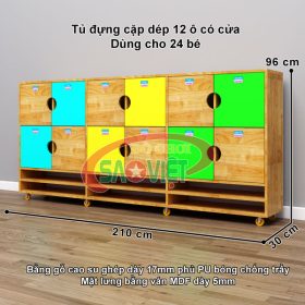 kích thước tủ giỏ cặp dép cá nhân cho bé mầm non bằng gỗ cao su S014TCD01