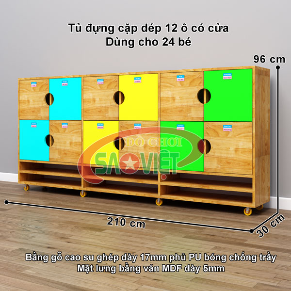 kích thước tủ giỏ cặp dép cá nhân cho bé mầm non bằng gỗ cao su S014TCD01