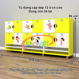 kích thước tủ giỏ cặp dép cá nhân cho bé mầm non bằng gỗ MFC S014TCD01