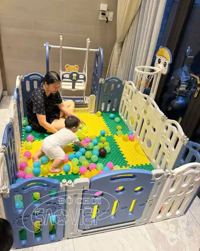 nhà banh cho bé có xích đu và vòng ném bóng rổ S08N13A
