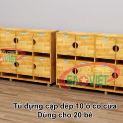 tủ cặp giỏ dép mầm non 10 ô bằng gỗ cao su S014TCD02