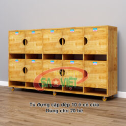 tủ cặp giỏ dép mầm non 10 ô bằng gỗ cao su S014TCD02