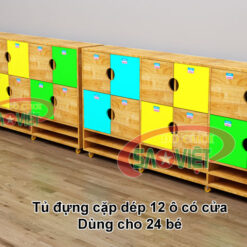 tủ đựng 48 giỏ cặp dép cá nhân cho bé mầm non bằng gỗ cao su S014TCD01