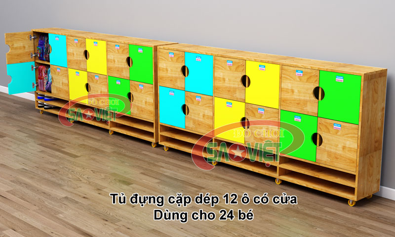 tủ đựng 48 giỏ cặp dép cá nhân cho bé mầm non bằng gỗ cao su S014TCD01