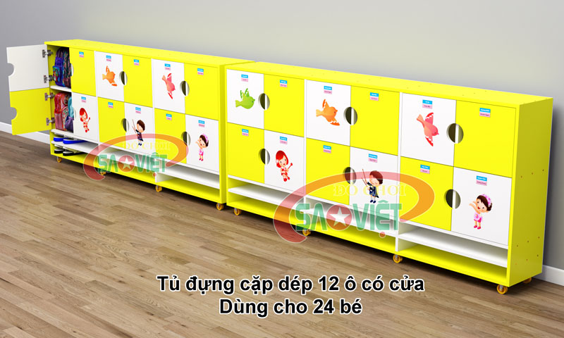 tủ đựng giỏ cặp dép cá nhân cho bé mầm non bằng gỗ MFC S014TCD01