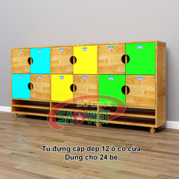 tủ đựng giỏ cặp dép cá nhân cho bé mầm non bằng gỗ cao su S014TCD01